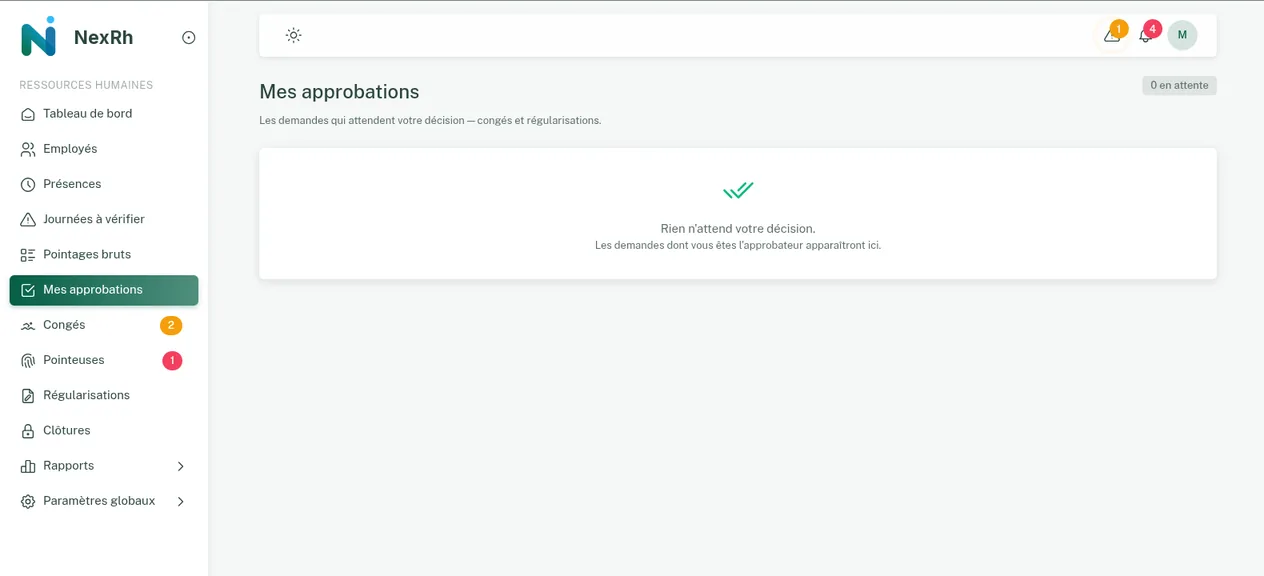 Écran « Mes approbations » : la file des congés et régularisations qui attendent une décision, ici vide.