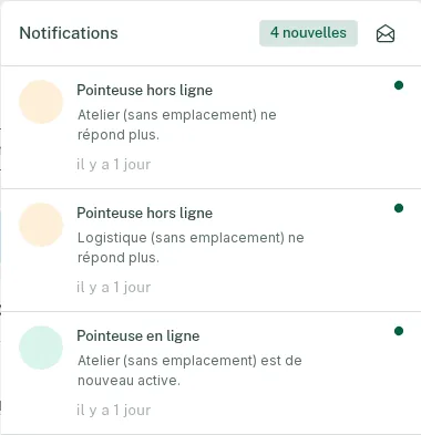 Volet de notifications : « Pointeuse hors ligne — Jeep ne répond plus », puis « Pointeuse en ligne — Jeep est de nouveau active ».