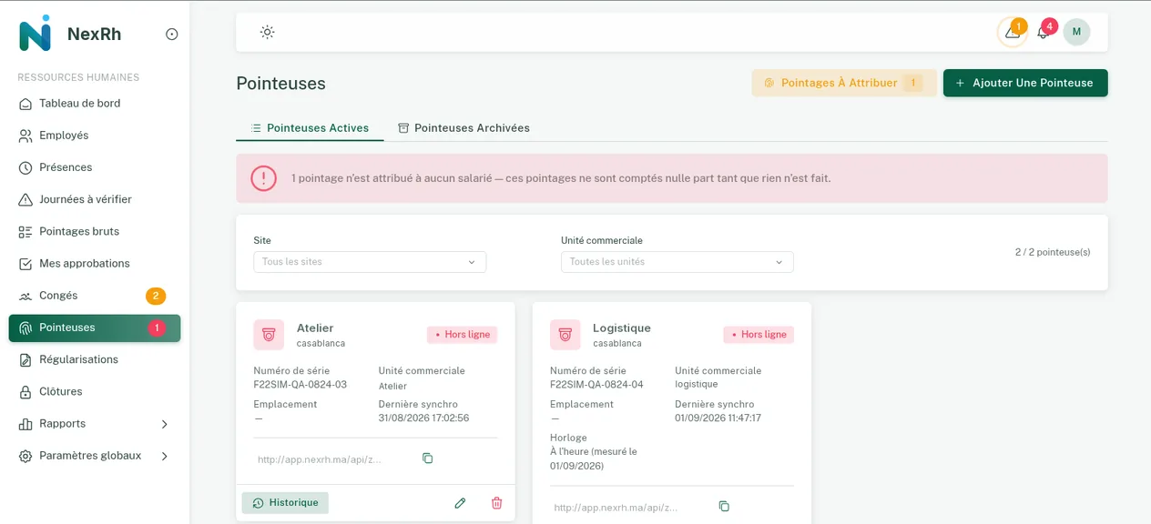 Écran « Pointeuses » de NexRh : deux bornes listées avec leur numéro de série, leur unité, la dernière synchronisation et l'état de leur horloge.